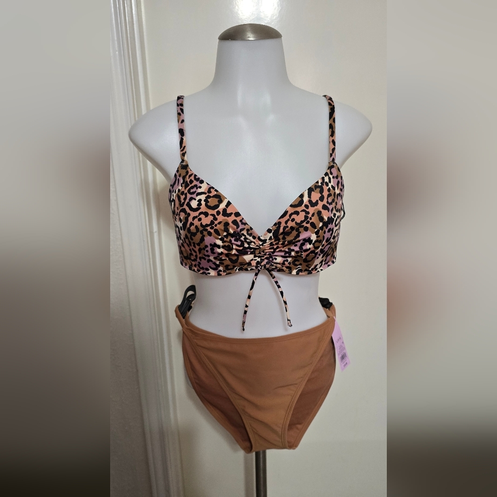 #1214 Leopard Print Bikini Top with Tan Bottoms